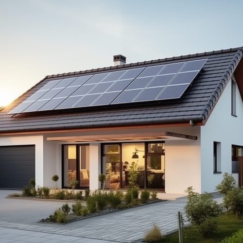 New suburban house with a photovoltaic system on the roof. Modern eco friendly passive house with solar panels on the gable roof, driveway and landscaped yard. Generative AI